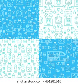 Vector set of seamless patterns with water cooler, plastic bottles,water delivery car, cups. Perfect for water delivery packaging design. Vector background.