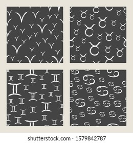 Vector set of seamless patterns with white zodiac signs on black background. Four Horoscope symbols: aries, taurus, gemini, cancer. 