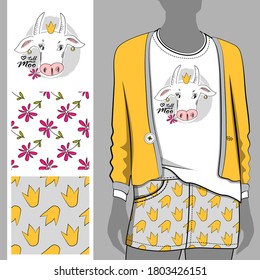 Vector set of seamless patterns with white cow princess, crowns and flowers for printing on clothes and trxtil. A set for print on T-shirts, bags and and other fashion products.