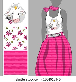 Vector set of seamless patterns with white cow princess, crowns and flowers for printing on clothes and trxtil. A set for print on T-shirts, bags and and other fashion products.