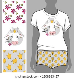 Vector set of seamless patterns with white cow princess, crowns and flowers for printing on clothes and trxtil. A set for print on T-shirts, bags and and other fashion products.