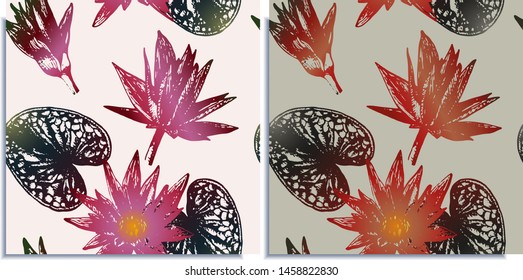 Vector set of seamless patterns with wonderful colorful lotus, hand-drawn in graphic and real-style at the same time. Delicate colors: pink, purple, yellow, beige. Looks vintage, beautiful, holiday.