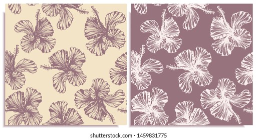 Vector set of seamless patterns with wonderful colorful hibiscus, hand-drawn in graphic and real-style at the same time. Delicate colors: pink, purple,white. Looks vintage, beautiful, holiday decor 