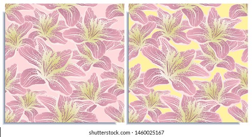 Vector set of seamless patterns with wonderful colorful hibiscus, hand-drawn in graphic and real-style at the same time. Delicate colors: pink, purple, yellow. Looks vintage, beautiful, holiday decor