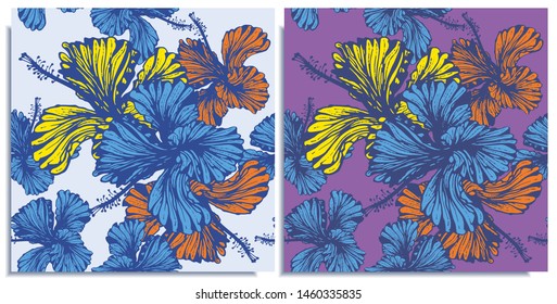 Vector set of seamless patterns with wonderful colorful hibiscus, hand-drawn in graphic and real-style at the same time. Delicate colors: yellow, purple, blue, orange. Looks vintage, beautiful,holiday