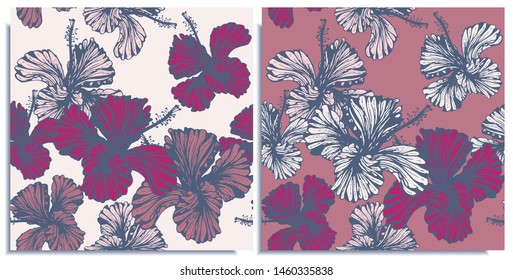 Vector set of seamless patterns with wonderful colorful hibiscus, hand-drawn in graphic and real-style at the same time. Delicate colors: pink, purple, blue, white. Looks vintage, beautiful, holiday.