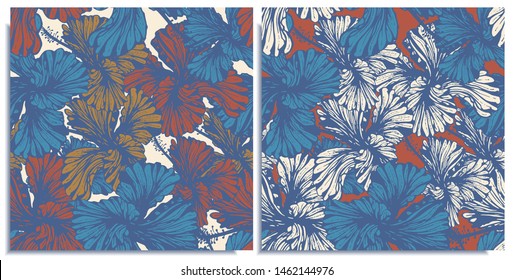 Vector set of seamless patterns with wonderful colorful hibiscus, hand-drawn in graphic and real-style at the same time. Delicate colors: red, purple, white, orange. Looks vintage, beautiful, holiday