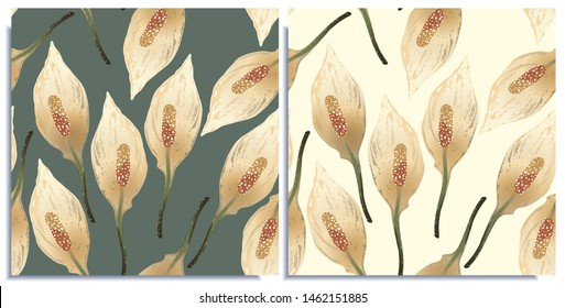 Vector set of seamless patterns with wonderful colorful calla lily, hand-drawn in graphic and real-style at the same time. Delicate colors: green, pink, beige. Looks vintage, beautiful, holiday decor