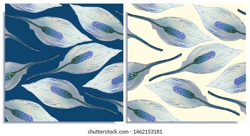 Vector set of seamless patterns with wonderful colorful calla lily, hand-drawn in graphic and real-style at the same time. Delicate colors: green, blue, white. Looks vintage, beautiful, holiday decor