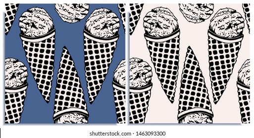 Vector Set Of Seamless Patterns With Wonderful Colorful Ice Cream, Flavor Of Vanilla, Hand-drawn In Graphic And Real-style At The Same Time. Contrast Colors: Blue, White, Black. Vintage, Holiday Decor