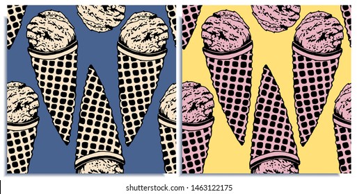 Vector Set Of Seamless Patterns With Wonderful Colorful Ice Cream, Flavor Of Creme Brulee And Strawberry, Hand-drawn In Graphic And Real-style At The Same Time. Delicate Color: Blue, Pink. Retro Style