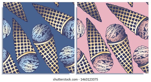 Vector Set Of Seamless Patterns With Wonderful Colorful Ice Cream, Flavor Of Blue Curacao And Strawberry, Hand-drawn In Graphic And Real-style At The Same Time. Delicate Color: Blue, Pink. Retro Style