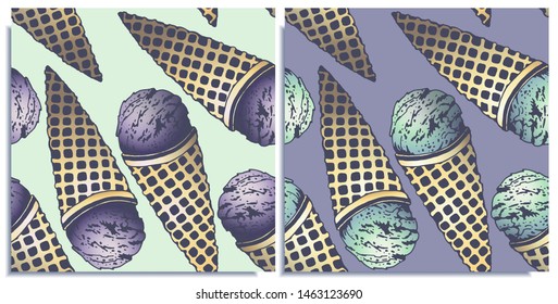 Vector Set Of Seamless Patterns With Wonderful Colorful Ice Cream, Flavor Of Blueberry And Mint, Hand-drawn In Graphic And Real-style At The Same Time. Delicate Colors: Purple, Mint. Vintage, Holiday