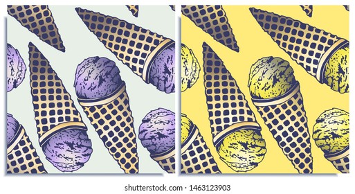 Vector Set Of Seamless Patterns With Wonderful Colorful Ice Cream, Flavor Of Blueberry And Lemon, Hand-drawn In Graphic And Real-style At The Same Time. Delicate Colors: Purple, Yellow. Nice, Holiday.