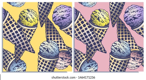 Vector Set Of Seamless Patterns With Wonderful Colorful Ice Cream, Flavor Of Blue Curacao, Strawberry, Blueberry. Hand-drawn In Graphic And Real-style At The Same Time. Colorful: Blue, Yellow, Purple