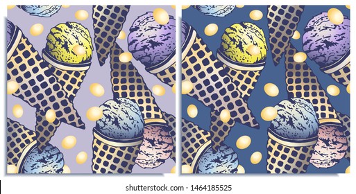 Vector set of seamless patterns with wonderful colorful ice cream, flavor of Blue Curacao, lemon, blueberry. Colorful scattered little chocolates. Hand-drawn in graphic and real-style. Delicious taste