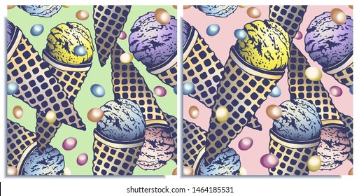 Vector set of seamless patterns with wonderful colorful ice cream, flavor of Blue Curacao, lemon, blueberry. Colorful scattered little chocolates. Hand-drawn in graphic and real-style. Delicious taste