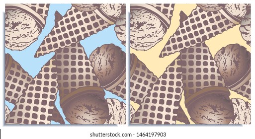 Vector Set Of Seamless Patterns With Wonderful Colorful Ice Cream, Flavor Of Chocolate And Creme Brulee, Tasty. Hand-drawn In Graphic And Real-style At The Same Time. Colorful: Brown, Beige. Vintage