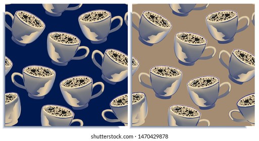Vector set of seamless patterns with wonderful coffee with froth, cappuccino, latte, tasty. Hand-drawn in graphic and real-style at the same time. Colorful: brown, blue. Good wrap, background pattern