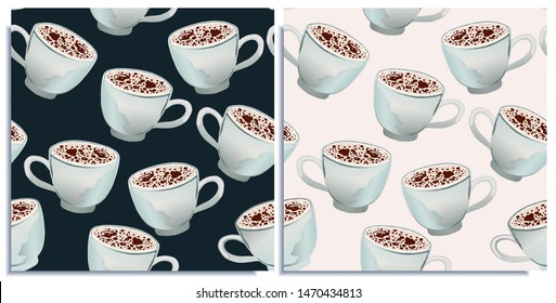Vector set of seamless patterns with wonderful coffee with froth, cappuccino, latte, tasty. Hand-drawn in graphic and real-style at the same time. Porcelain cup  marine color. Good wrap, background