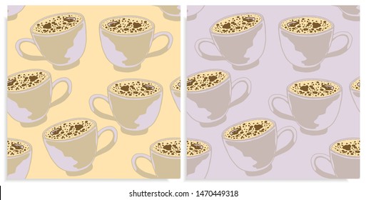 Vector set of seamless patterns with wonderful coffee with realistic froth, cappuccino, latte, tasty. Hand-drawn in graphic and real-style at the same time. Porcelain cup transparent. Good wrap, cover