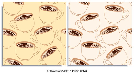 Vector set of seamless patterns with wonderful coffee with realistic froth, cappuccino, latte, tasty. Hand-drawn in graphic and real-style at the same time. Porcelain cup transparent. Good wrap, cover