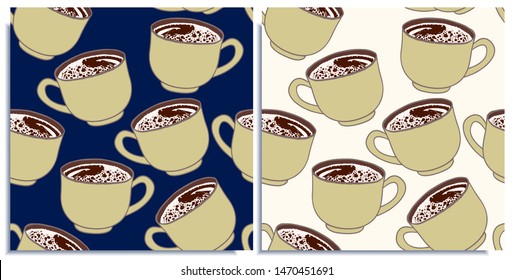 Vector set of seamless patterns with wonderful coffee with realistic froth, cappuccino, latte, tasty. Hand-drawn in graphic and real-style at the same time. Big cup green color. Good wrap, cover goods