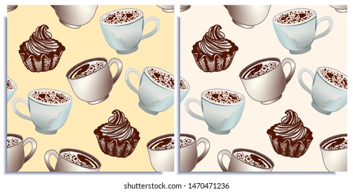 Vector set of seamless patterns with wonderful cupcakes and coffee with froth, cappuccino, latte, tasty. Hand-drawn in graphic and real-style at the same time. Porcelain cup marine color. Goods wrap