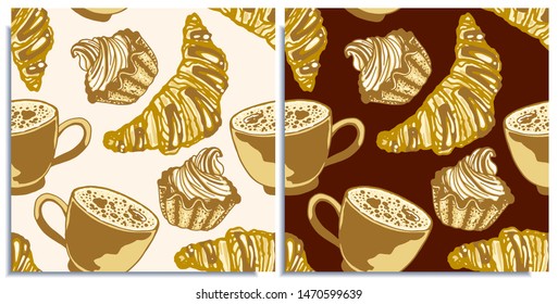 Vector set of seamless patterns with wonderful cupcakes, сroissant, coffee with froth, cappuccino, latte, tasty. Hand-drawn in graphic and real-style at the same time. Warm brown compos. Light, dark