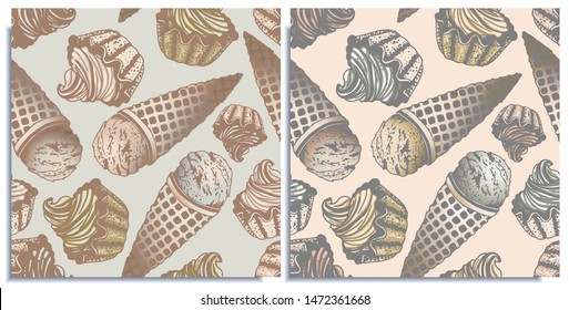 Vector set of seamless patterns with wonderful colorful cupcake, ice cream, flavor of chocolate, creme brulee, vanilla, cream. Hand-drawn, graphic, style, sketch. Tender color: vanilla, brown, cream