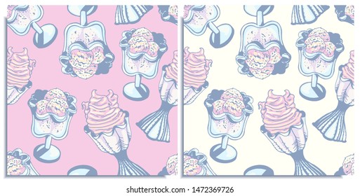 Vector set of seamless patterns with wonderful colorful cupcake, cone ice cream, a scoop of strawberry ice cream in a bowls. Hand-drawn, graphic, style. Tender, soft, light, sleep color: pink, blue