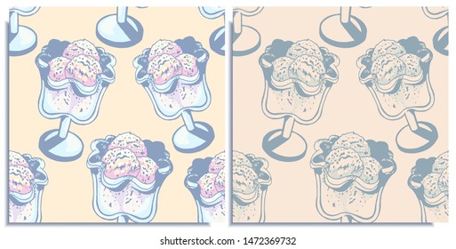 Vector set of seamless patterns with wonderful colorful cupcake, cone ice cream, a scoop of strawberry ice cream in a bowls. Hand-drawn, graphic, style. Tender, soft, light, sleep color: pink, blue
