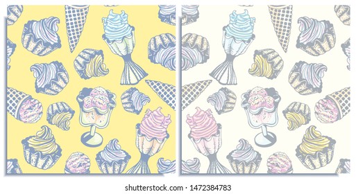 Vector set of seamless patterns with a wonderful balls cone ice cream,berry , lemon, flavor mint  ice cream in bowls. Hand-drawn, graphic, style. Tender, soft, light, sleep color: blue, pink, yellow