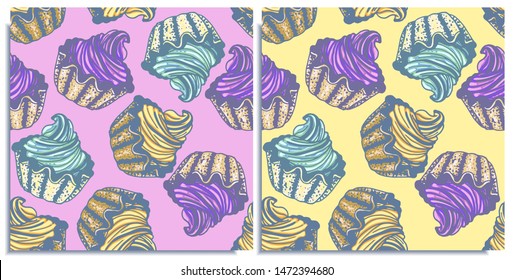 Vector set of seamless patterns with wonderful cupcake. Crumbly, gentle wet biscuit cupcake with a stunning cream soft cheese cream, colorful, flavor blueberry, lemon, mint. Hand-drawn, graphic, real