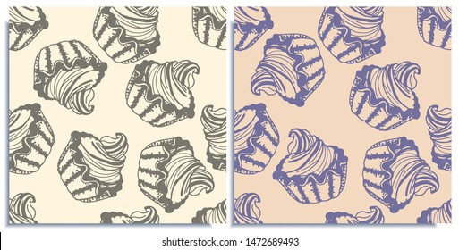 Vector set of seamless patterns with wonderful outline cupcake. Crumbly, gentle wet biscuit cupcake with a stunning cream soft cheese cream, flavor berry, vanilla. Hand-drawn, graphic, only lines.