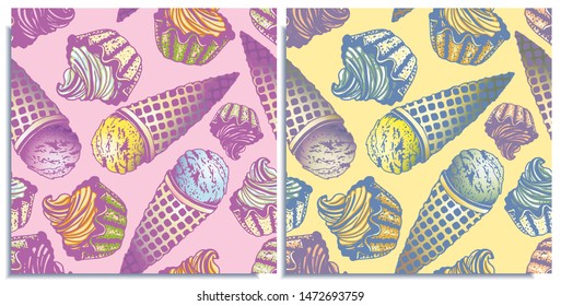 Vector set of seamless patterns with wonderful colorful cupcake, ice cream, flavor of Blue Curacao, banana, mint, blueberry. Hand-drawn, graphic, style. Bright color: blue, yellow, purple, mint, pink