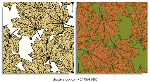 Vector set of seamless patterns with wonderful colorful falling and flying maple leafs, hand-drawn in graphic and real-style at the same time. Seasonal colors: brown-orange, golden, beige, green. Art