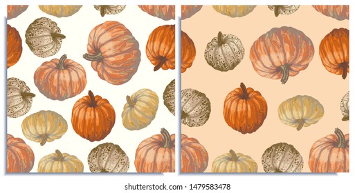 Vector set of seamless patterns with wonderful colorful different sort of pumpkins, hand-drawn in graphic and real-style. Seasonal colors: orange, beige, brown. Looks watercolor, beautiful, very tasty