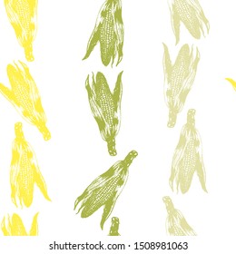 Vector set of seamless patterns with wonderful colorful corn, hand-drawn in graphic and real-style at the same time. Seasonal colors: green, yellow, ochre. Ripe ears of corn, maizes arrange in line
