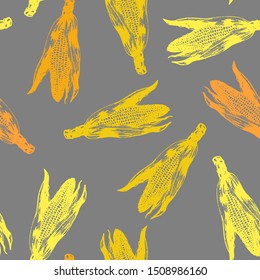 Vector set of seamless patterns with wonderful colorful corn, hand-drawn in graphic and real-style at the same time. Colorful: orange, yellow, dark-grey. Ripe ears of corn, season vegetable, scattered