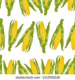 Vector set of seamless patterns with wonderful colorful corn, hand-drawn in graphic and real-style at the same time. Seasonal colors: yellow, green. Tasty, appetizing, Ripe corn ears, season vegetable