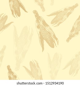 Vector set of seamless patterns with wonderful colorful corn, hand-drawn in graphic and real-style at the same time. Seasonal colors: yellow, green. Tasty, appetizing, Ripe corn ears, season vegetable