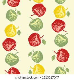Vector set of seamless patterns with wonderful colorful tasty nice apple, hand-drawn in graphic,  real-style at the same time. Seasonal color: yellow, green, red. Green apple leaf. Apples arrange line