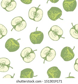 Vector set of seamless patterns with wonderful colorful tasty nice apples, hand-drawn in graphic, real-style at the same time. Seasonal color green. Green leaf. Scattered, juicy whole apple and half 