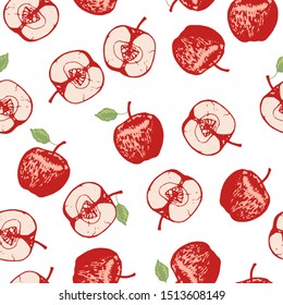 Vector set of seamless patterns with wonderful colorful tasty nice apples, hand-drawn in graphic, real-style at the same time. Season color red. Green leaf. The scattered, juicy whole apples, halves