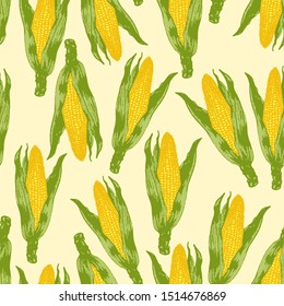 Vector set of seamless patterns with wonderful colorful corn, hand-drawn in graphic and real-style at the same time. Seasonal colors: yellow, green. Tasty, appetizing, Ripe corn ears, season vegetable