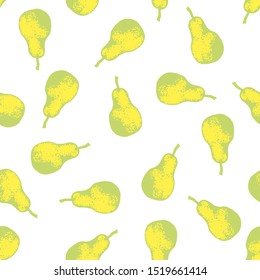 Vector set of seamless patterns with wonderful colorful tasty nice pears, hand-drawn in graphic, real-style at the same time. Seasonal color green. Green leaf. The scattered, juicy whole fresh pears