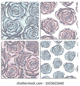 Vector set of seamless patterns with wonderful colorful roses Delicate colors: violet, purple, blue, pink. Looks vintage, beautiful, holiday decor