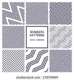 Vector set of seamless patterns. Zig zag diagonal patterns. Striped monochrome textures