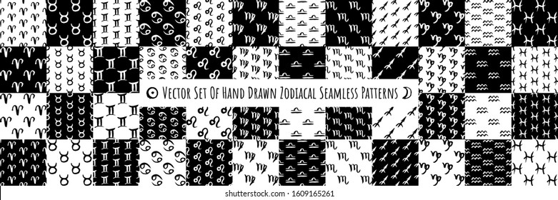 Vector set of seamless patterns with Zodiac Signs in black and white colors. Astrological symbols in rough and grunge hand drawn style. Big collection of monochrome esoteric textures.